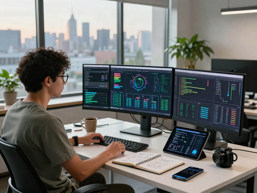 Data scientist analyzing juicy ai data visualizations at modern workspace