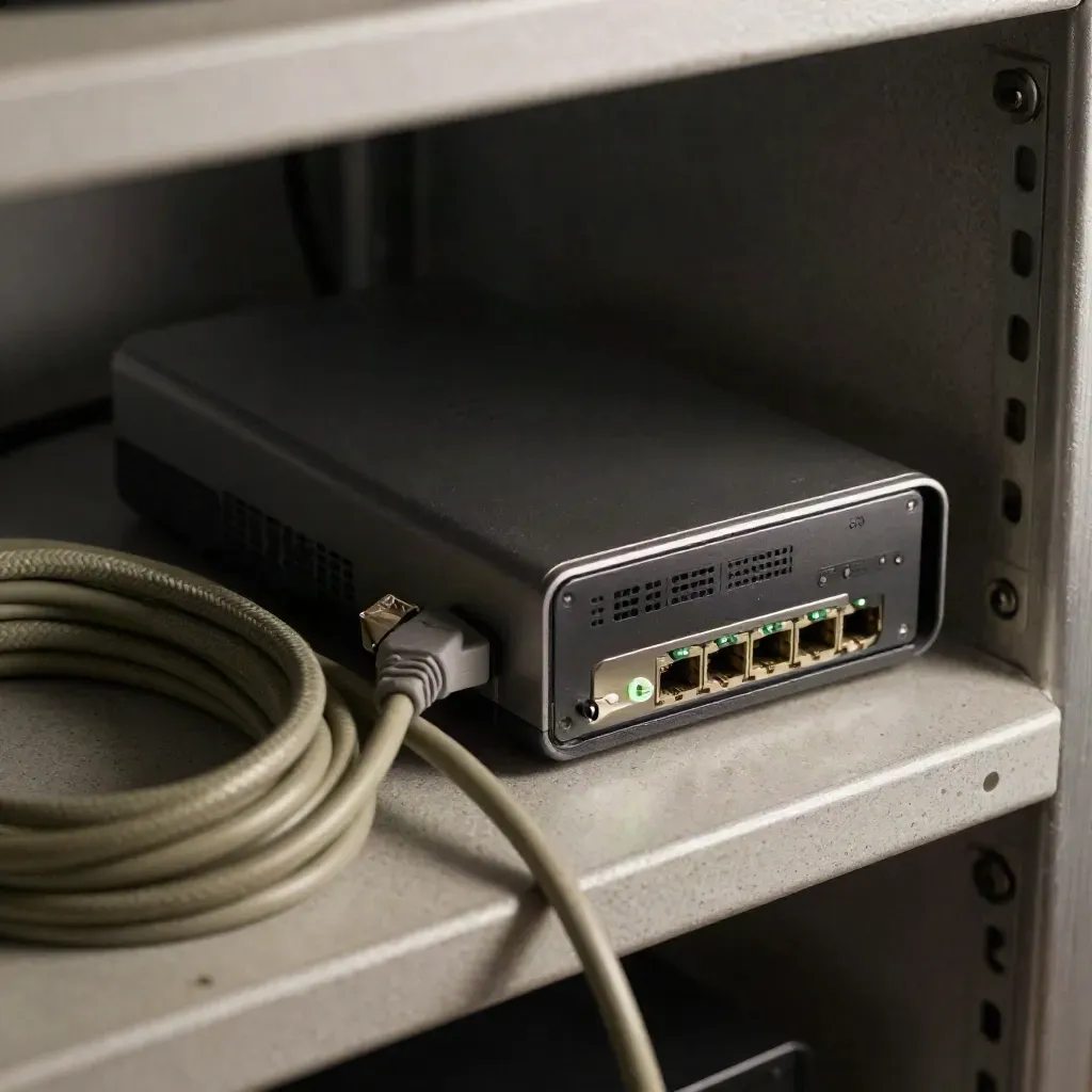 Macro of modem, backup drive, ethernet cable and UPS with green status lights.