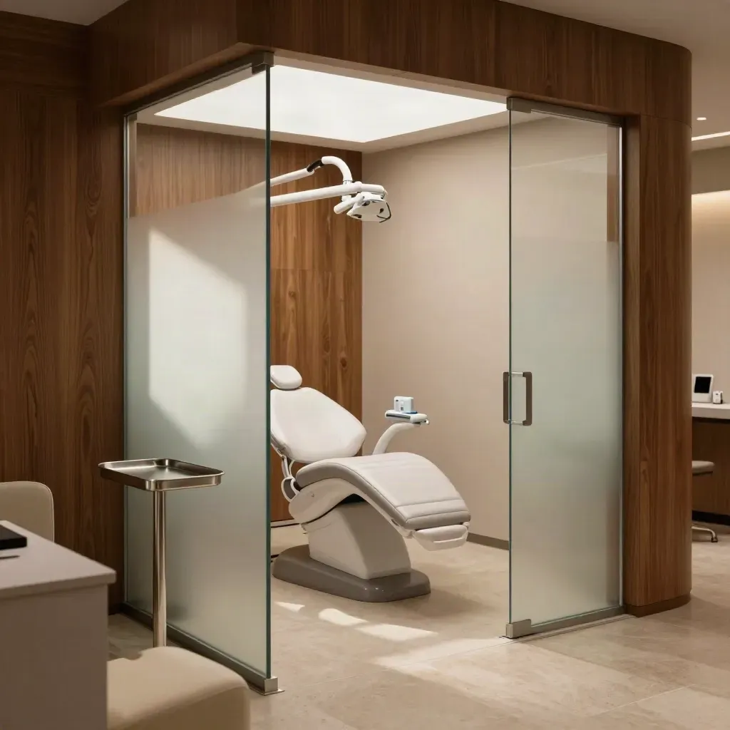 Bright North Leeds dental reception with frosted glass, walnut storage and a pristine chair room at morning light.