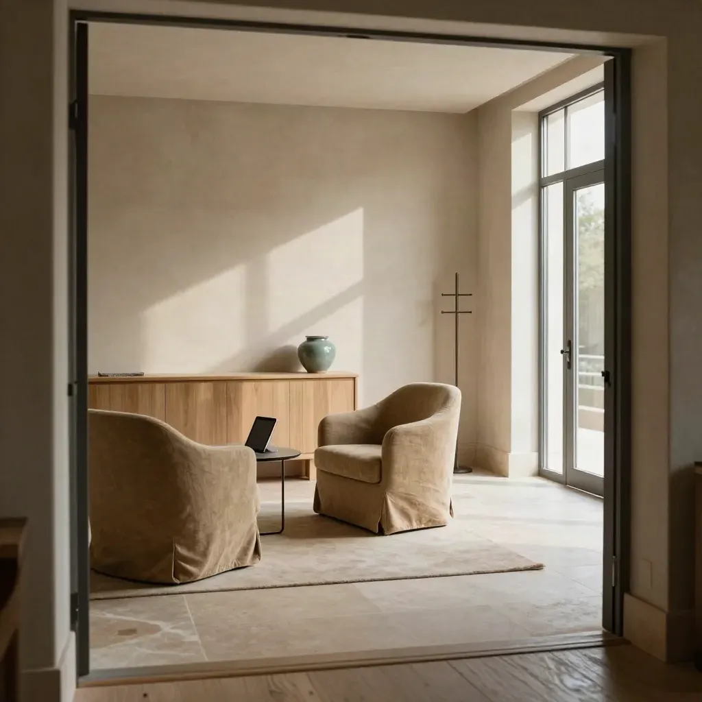 Bright coaching-firm lounge with chairs, tablet stand and open entrance