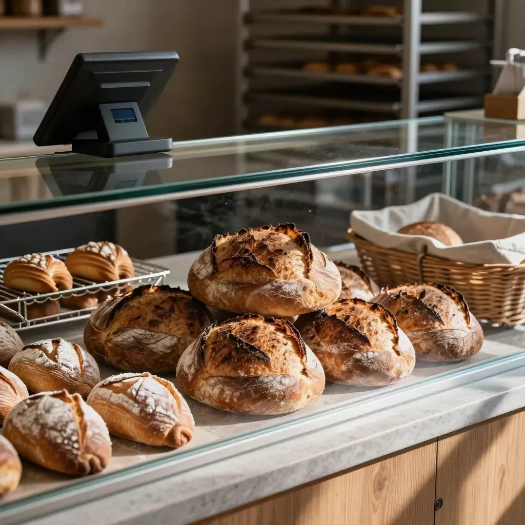 Bakery counter with sourdough loaves, trays, and a turned-away terminal in warm morning light.