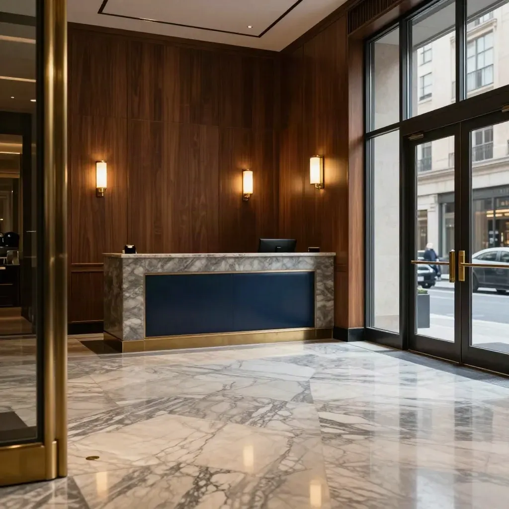 Quiet upscale legal lobby with marble, walnut, brass, and closed glass doors.