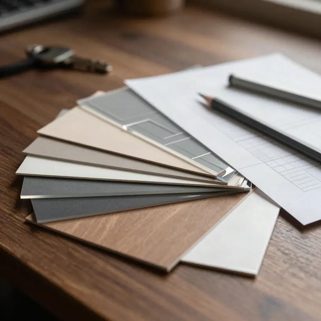 Matte swatches, acrylic grid tiles and a graphite pencil on a walnut workbench
