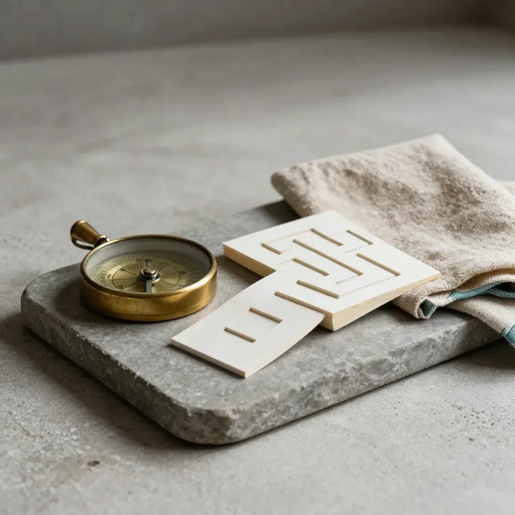 Brass compass with tabs and folded card maze on a stone tray, softly lit.
