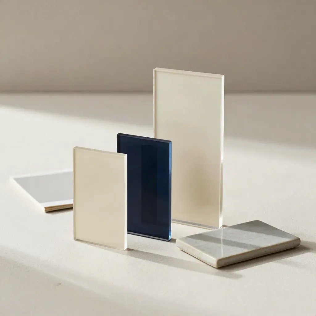 Frosted acrylic layout blocks, cream and navy swatches, and a ceramic tile on plaster