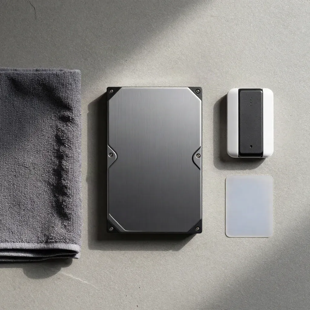 Backup drive, router, cloth and maintenance block on concrete flatlay