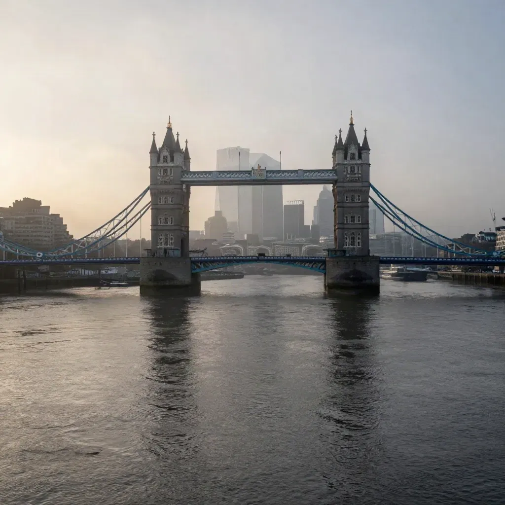 Tower Bridge and the City skyline rise above a misty Thames at dawn after rain.