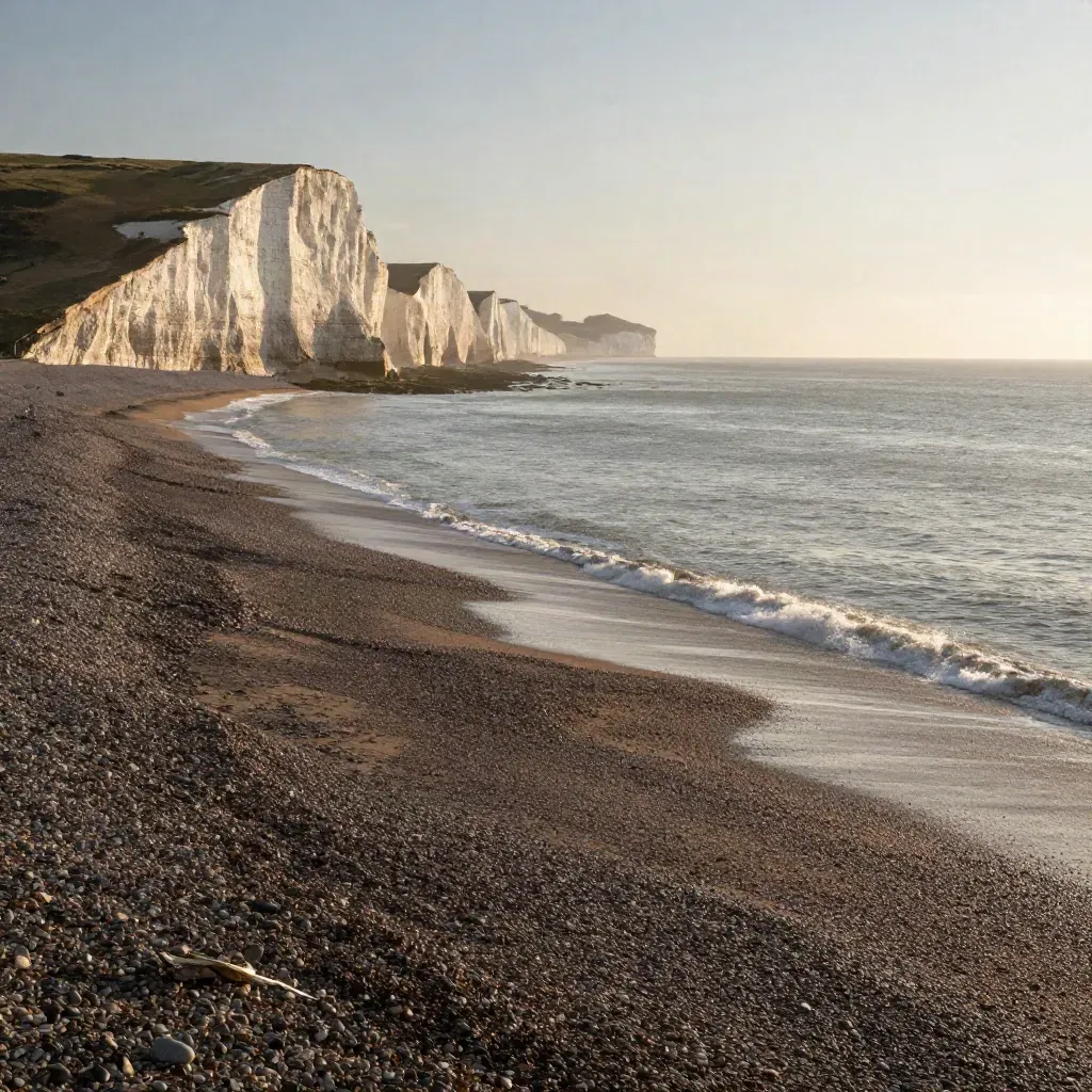 Brighton seafront and chalk cliffs at golden hour above calm shingle and sea haze